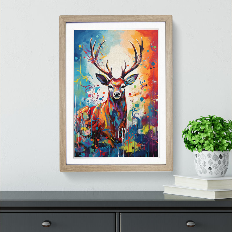 Deer Expressionism - Single Picture Frame Print on Wood, Oak Framed, 34cm H x 25cm W