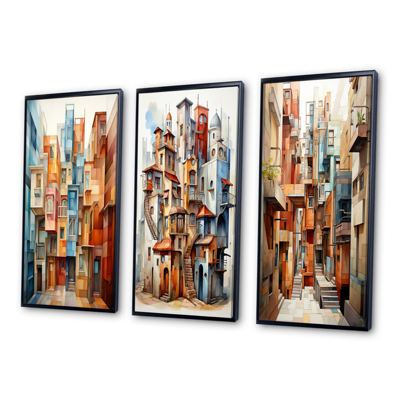 «Cubism Art Multidimensional», 3 pièces sur toile, H 40 po x l 60 po, Cadre noir