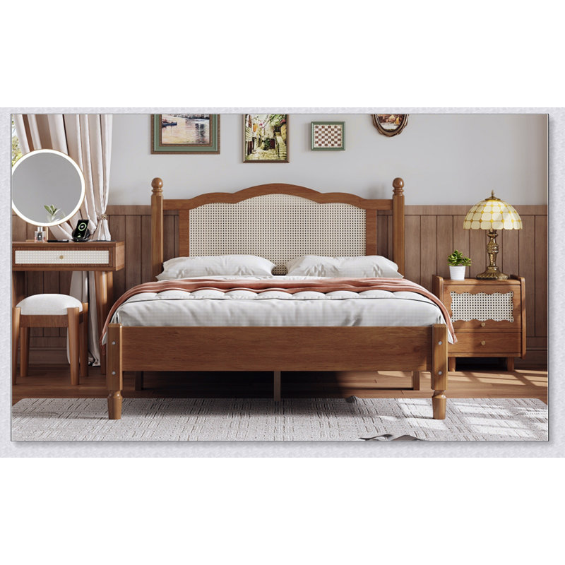 Lit plateforme double en bois avec tête de lit en rotin naturel, cadre de lit rétro, Queen, Noyer