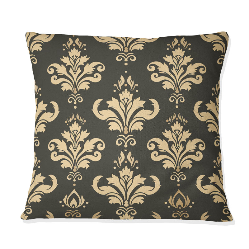 Coussin décoratif brun et beige à motif damassé classique I, H 16 po x l 16 po
