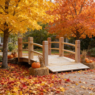 Pont de jardin de 5 pi - Passerelle en arc en bois naturel avec rampes latérales, aménagement de pont en bois décoratif pour la cour arrière, étang de jardin, facile à assembler