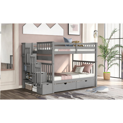 Full Over Full Bunk Bed With Shelves And 6 Storage Drawers, Gray(Old SKU:LT000046AAE)
