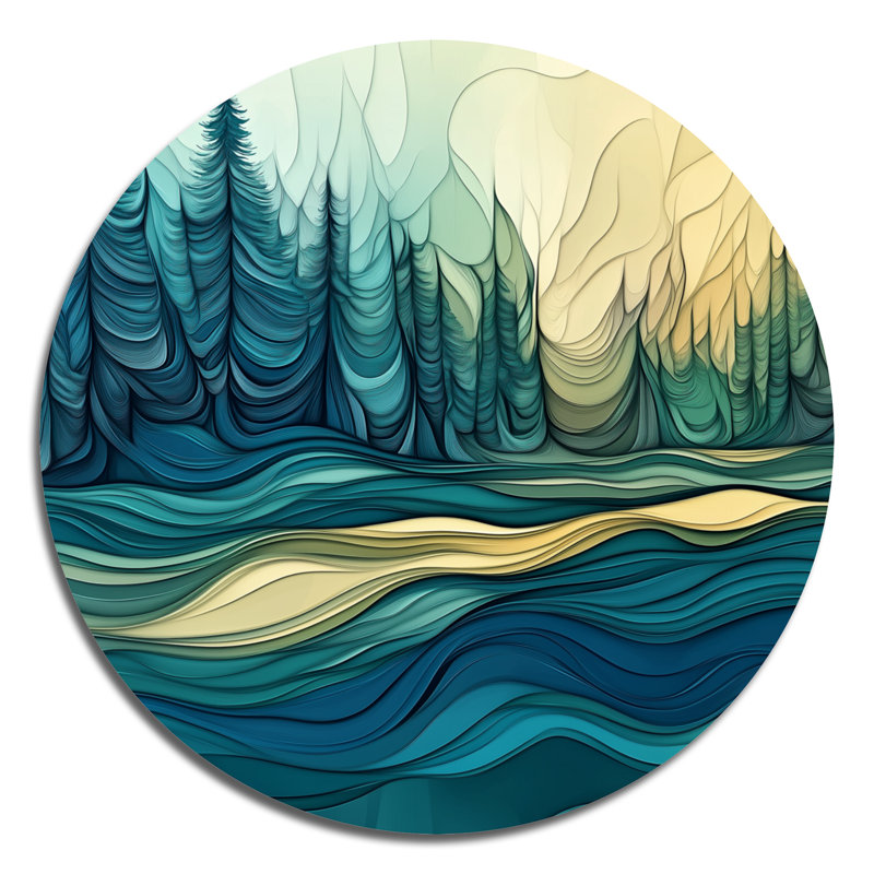 Vert forêt de pins enchantés avec ondulations du lac - décor mural rond en métal, L 29 po x H 29 po