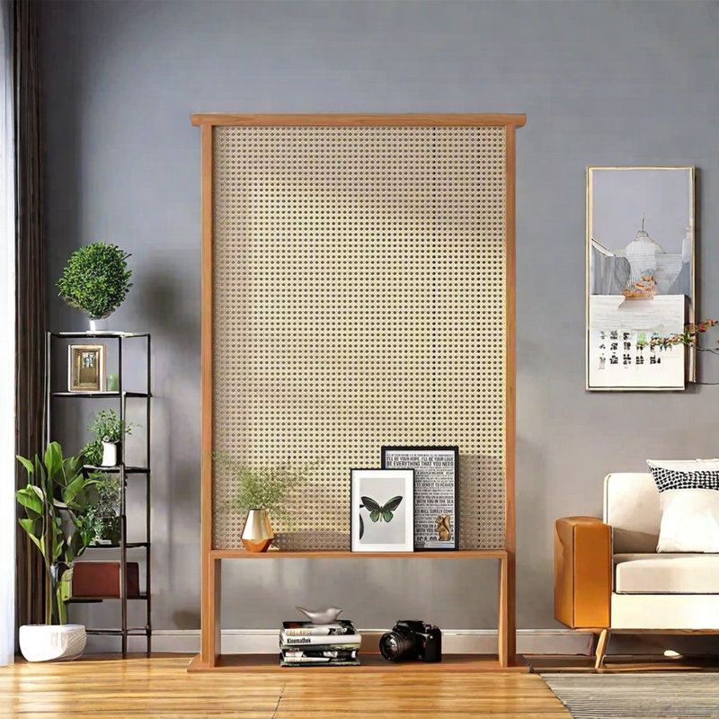 Solid Wood and Rattan Partition with Storage Shelf, 70.87" H x 31.5" W x 1.57" D