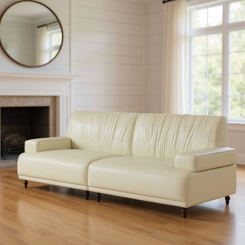 86.4" Genuine Leather Sofa Solid Wood Frame, Oil-Waxed Finish, Modern Living Room Seating, Yellow
