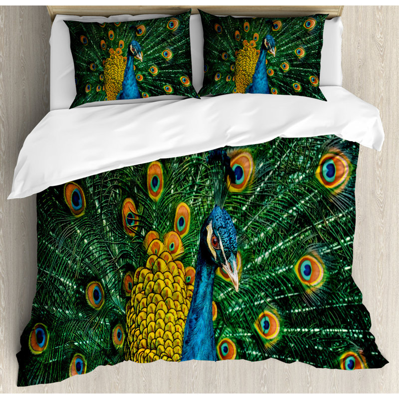 Eclectic Polyester Duvet Cover, Queen Duvet Cover + 2 Standard Shams, Peacock
