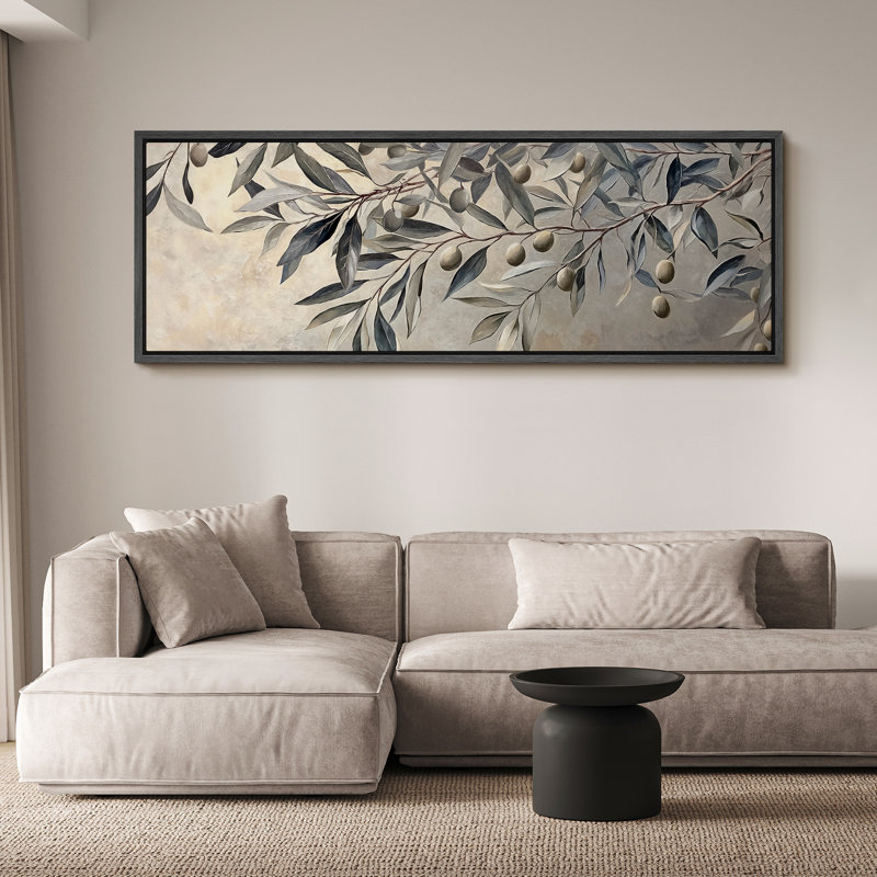 Olive Branch Botanical Large Framed Canvas Print Wall Art - Elegant Neutral Nature Decor, 20" H x 60" W, Black