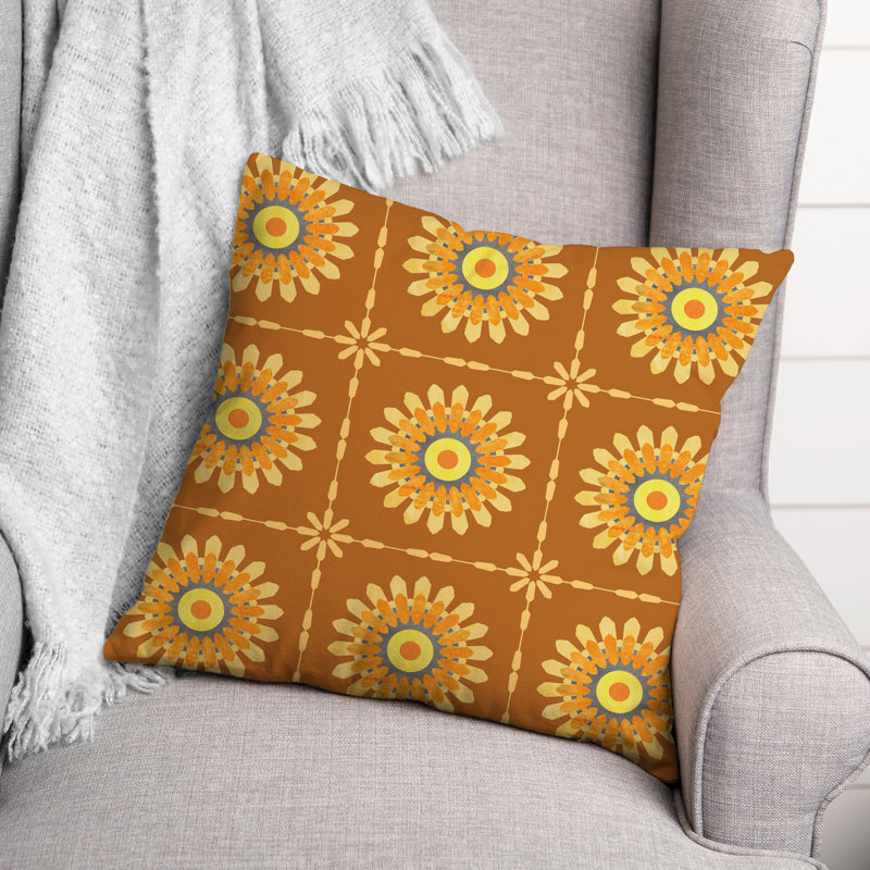 Orange Floral Polyester Square Throw Pillow