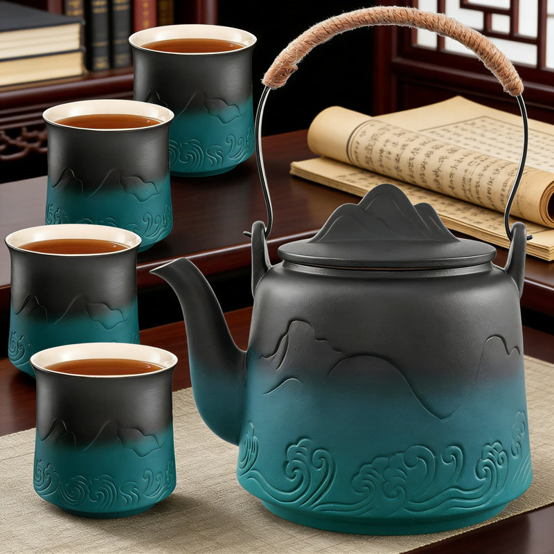 Service à thé japonais en céramique avec 4 tasses, motif montagne en relief rétro, crépine intégrée et poignée en corde de chanvre, cafetière à feuilles mobiles 33,8 oz
