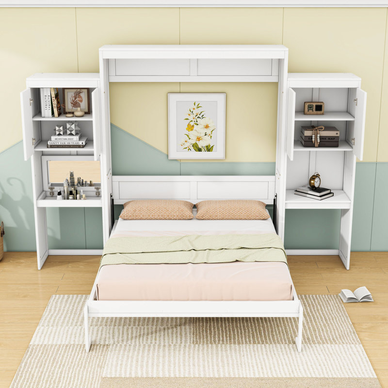 Grand lit escamotable en bois avec coiffeuse et armoire et lattes, Blanc