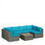Ensemble de patio 7 pièces en osier gris avec coussins amovibles bleu clair et table basse en verre pour l'extérieur, la piscine et la cour