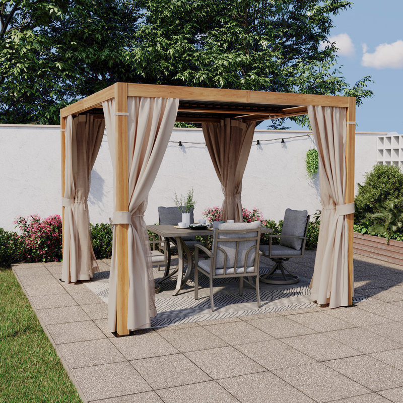 Pergola à persiennes en aluminium avec toit et rideaux réglables, L 10 pi x P 10 pi, Natural wood