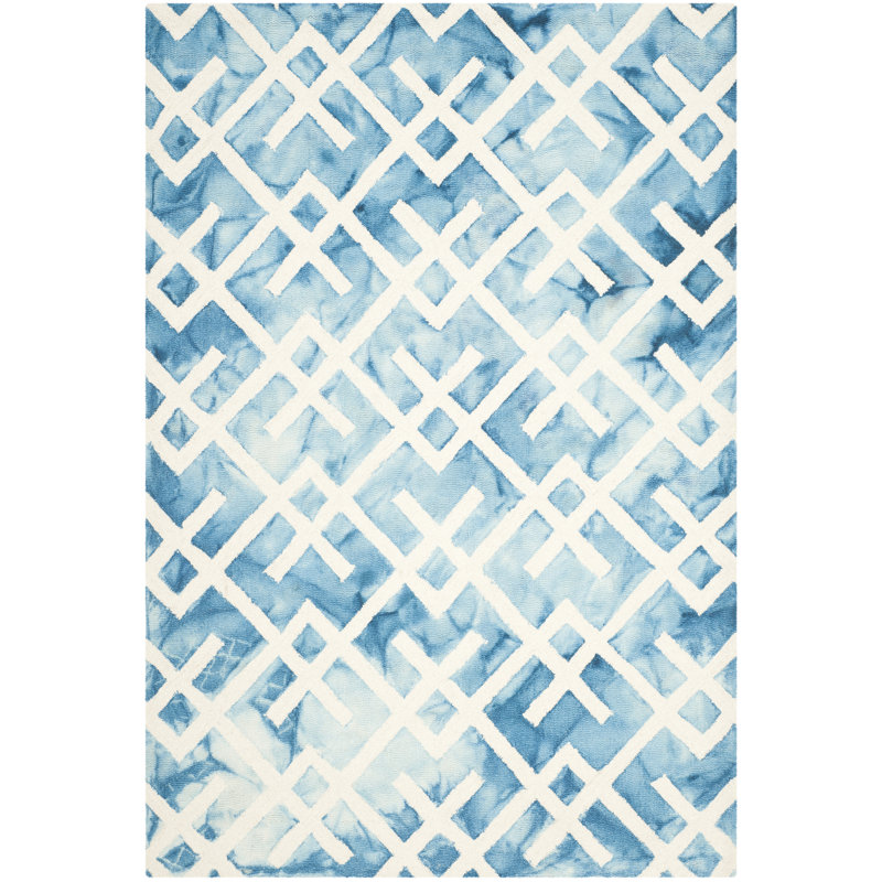Bryauna Hand Tufted Wool/Cotton Geometric Rug in Blue/Ivory, Rectangle 2' x 3'