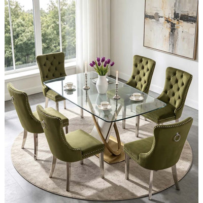 Ensemble de 6 chaises de salle à manger en velours vert olive, têtes de clou capitonnées, pieds en métal argenté