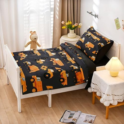 4 Pieces Construction Toddler Bedding Set For Baby Truck Vehicles Excavator Cars Printed, Includes Comforter, Flat Sheet, Fitted Sheet And Pillowcase,Black