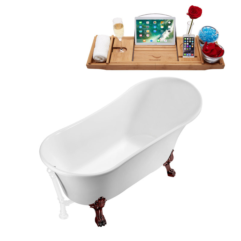 55" Streamline Clawfoot Soaking Acrylic Bathtub With Drain, Clawfeet, and Bamboo Tray, Glossy White, Matte Oil Rubbed Bronze