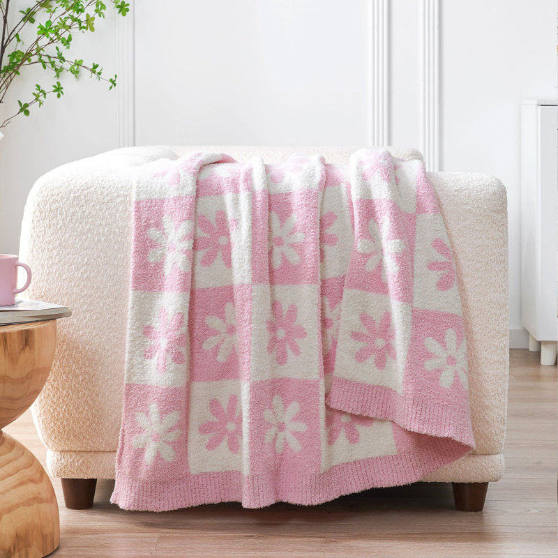 Jeté à carreaux réversible, Motif floral rose