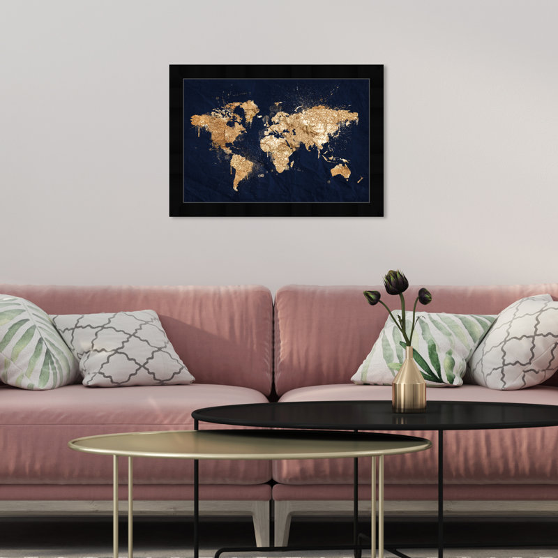 Mapamundi Metallic World Splash Modern - cadre photo, impression, Papier avec cadre noir, H 10 po x l 15 po x P 0,75 po