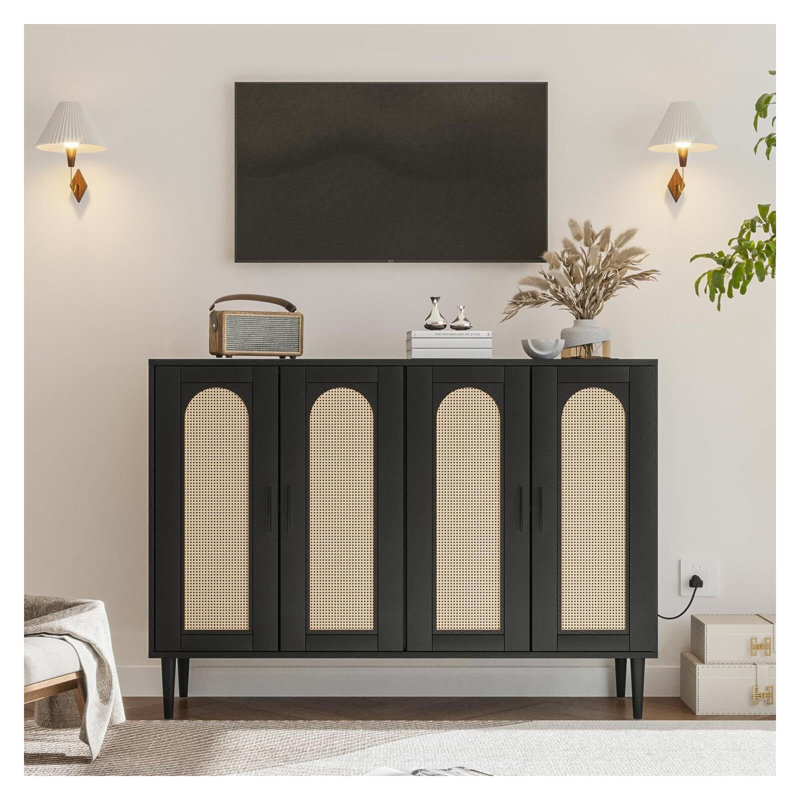 Black Rattan 4-Door Sideboard Buffet Cabinet with Power Outlet