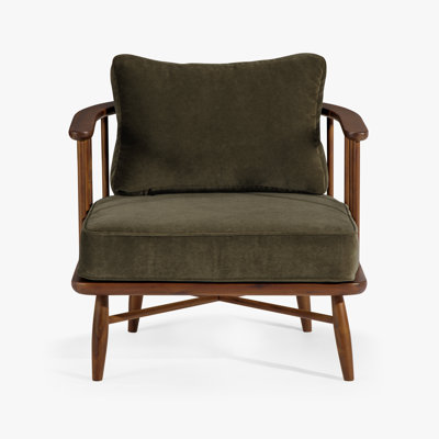 Corrine Walnut Armchair Performance Velvet Upholstery in Dove and Balsam Green with Solid Wood Frame Barrel Back Design