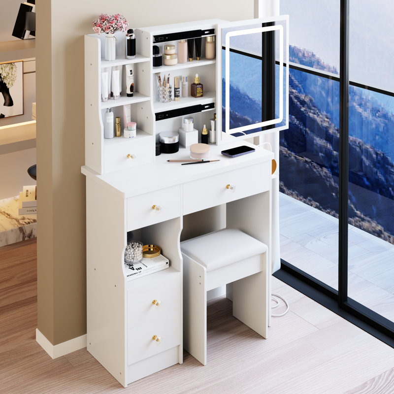 29.2" Desktop Dressing Table And Cushioned Stool, 2 Ac+2 Charging Ports, Hair Dryer Stand, Large Touch - Operated Sliding Led Mirror With Three Color Selection Brightness Tuning, Ideal For Little