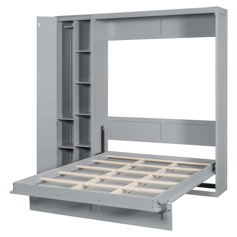 Lit escamotable mural Murphy avec tablettes, garde-robe et lumières DEL pour une utilisation compacte et multifonctionnelle dans les petits appartements