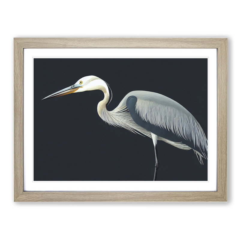 Beaming Heron Bird - Framed Print, 25cm H x 34cm W x 2cm D, Oak