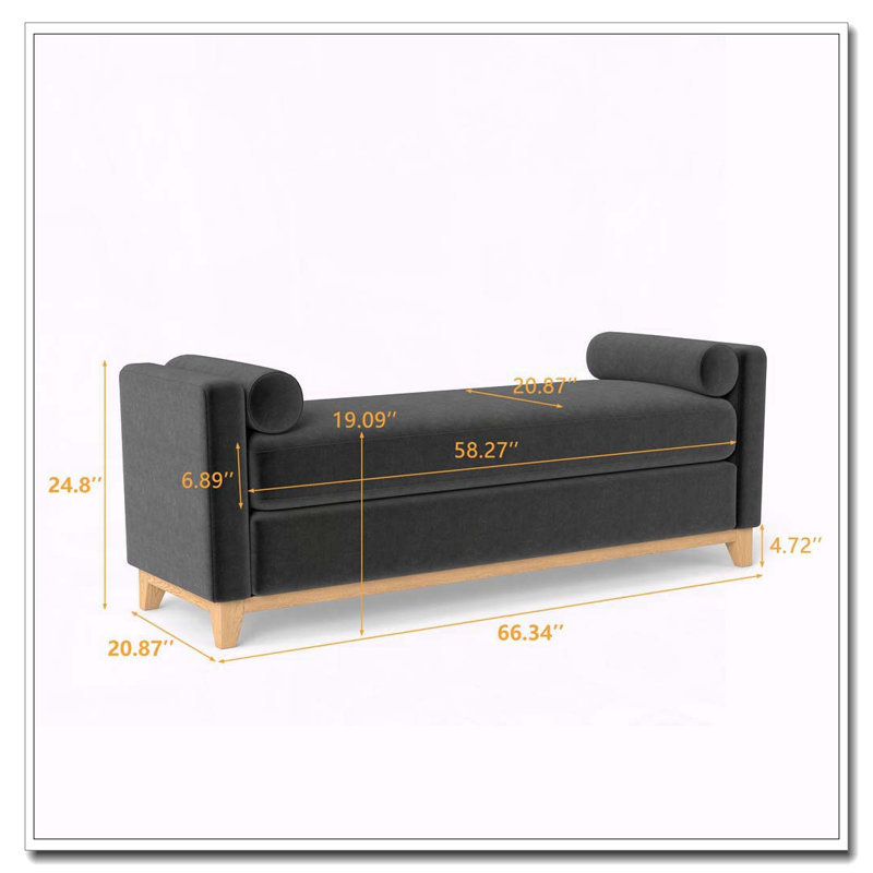 Banc rembourré en bois massif, 66,34 pouces, Noir + Naturel