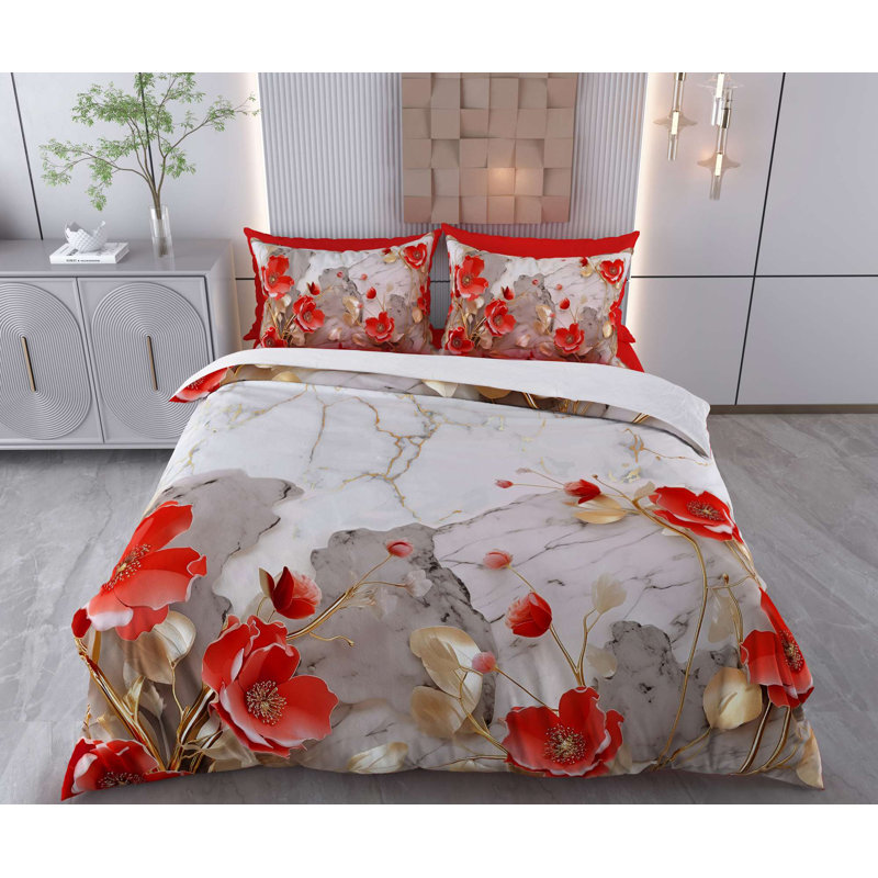 King Quilt Cover Set (3 Pieces), Red, Grey, Gold & White | 70% Cotton / 30% Polyester, Duvet Cover: 102.4 x 86.6 inches, Pillowcases: 23.6 x 23.6 inches | Machine Washable, Elegant Design with Button Closure