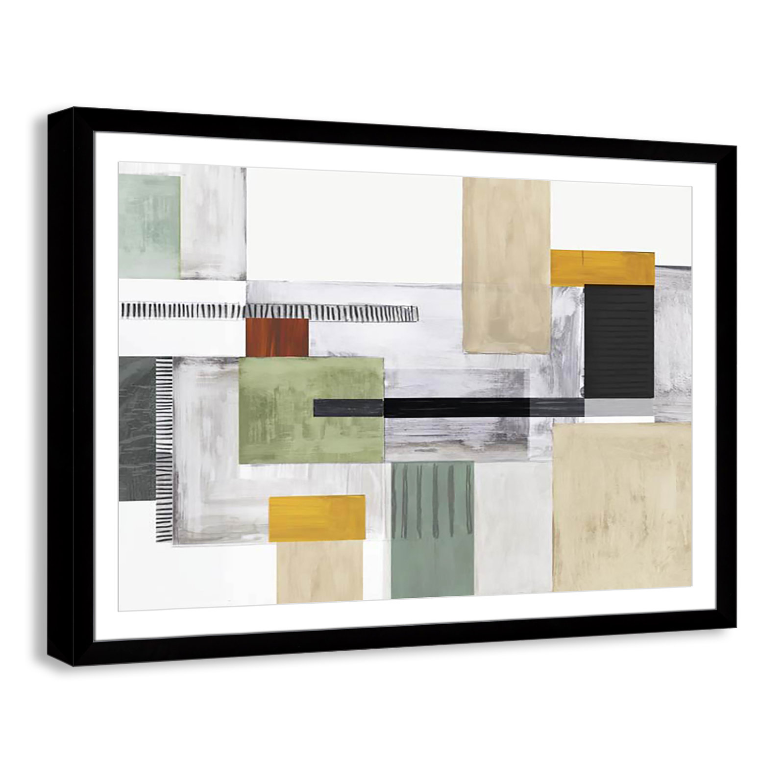 Playful Blocks by Tom Reeves, White, Black Cube Picture Framed, 35" H x 49" W x 1.25" D