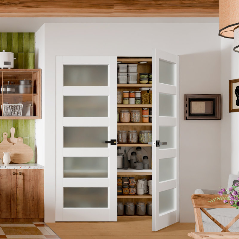 Portes intérieures de garde-manger intérieures - dalle de porte double en verre givré blanc 5-Lite avec poignées noires