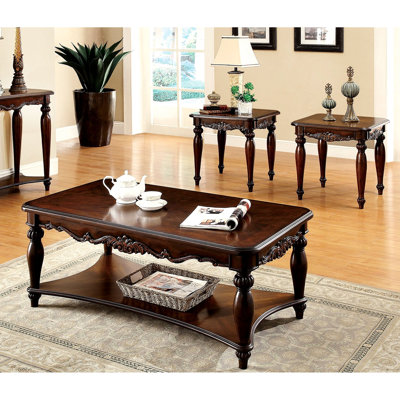 Cherry - Table basse 3 pièces au fini de style traditionnel avec pieds tournés et tablette ouverte pour l'espace de vie principal