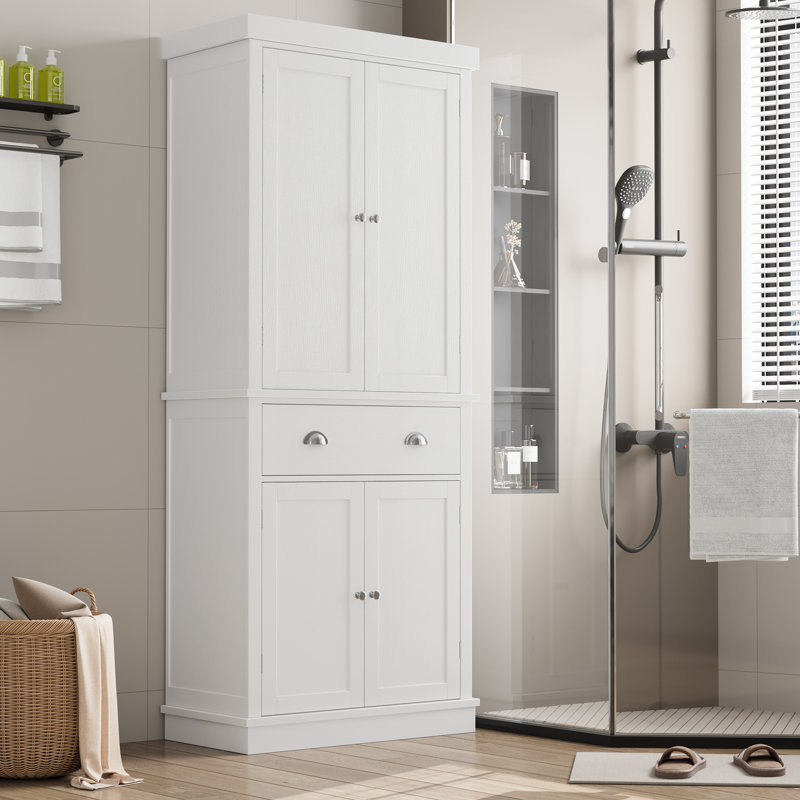 Taeko 30″ W x 72″ H Freestanding Bathroom Cabinet With 4 Doors, Storage Wood Tall Cabinet With Centre Drawer, White, White