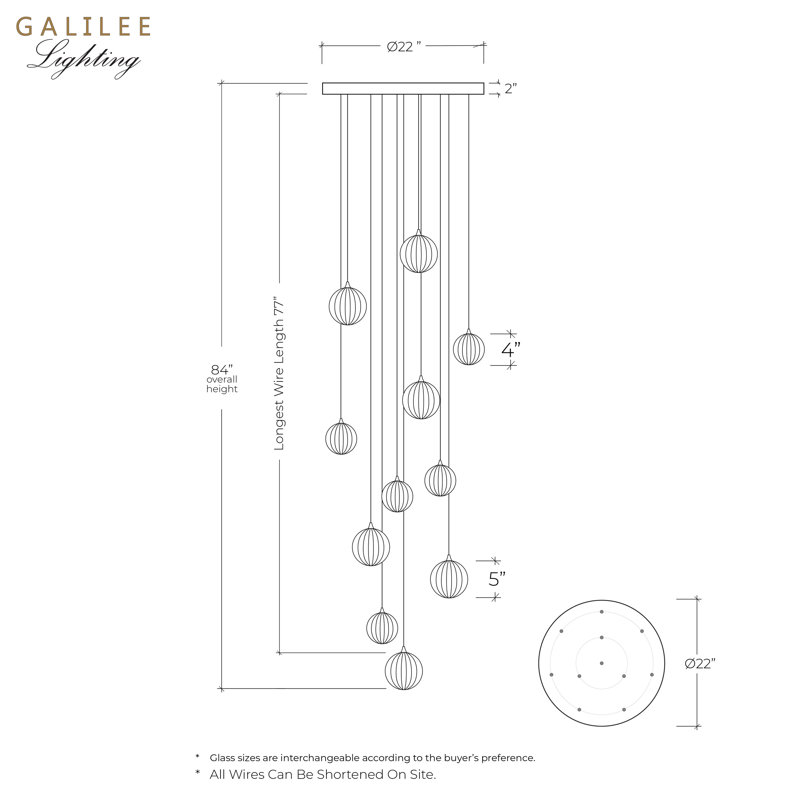 Vine 11 Amber Glass Pendants Chandelier, 84", Black