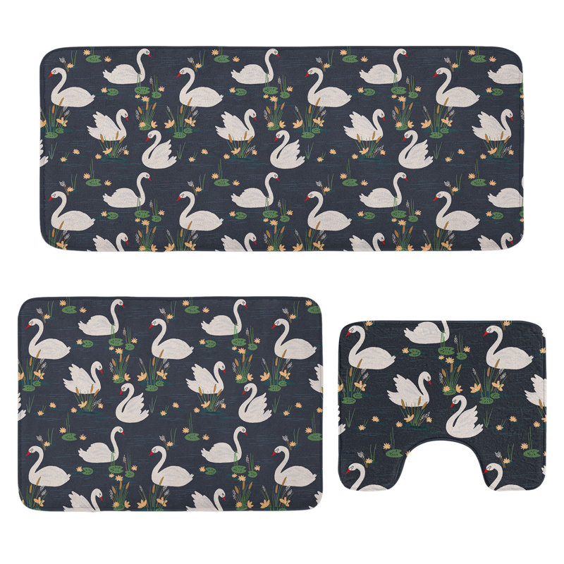  Swan Bathroom Rug Set 3 Pieces U-Shape & Rectangle Mats Multicolor