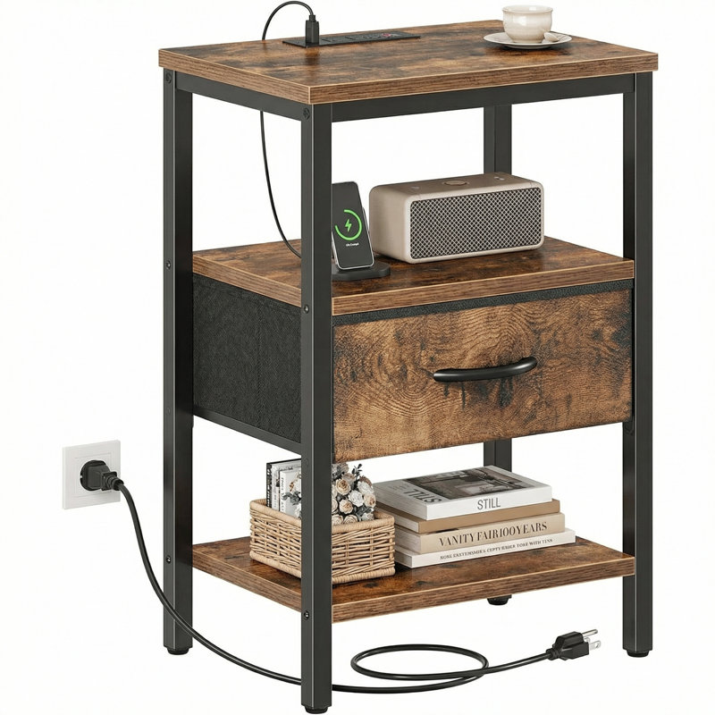Alvantar Bedside Table Charging Station Nightstand with USB/C Ports, Adjustable Drawers, 3-Tier Storage Shelf, Brown/1P