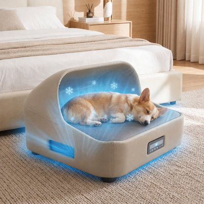Smart Temperature Control Pet Sofa Bed with Half-Enclosed Design, APP Remote & Manual Control, All-Season Cooling & Heating, Wear-Resistant PU Leather for Medium Large Pets