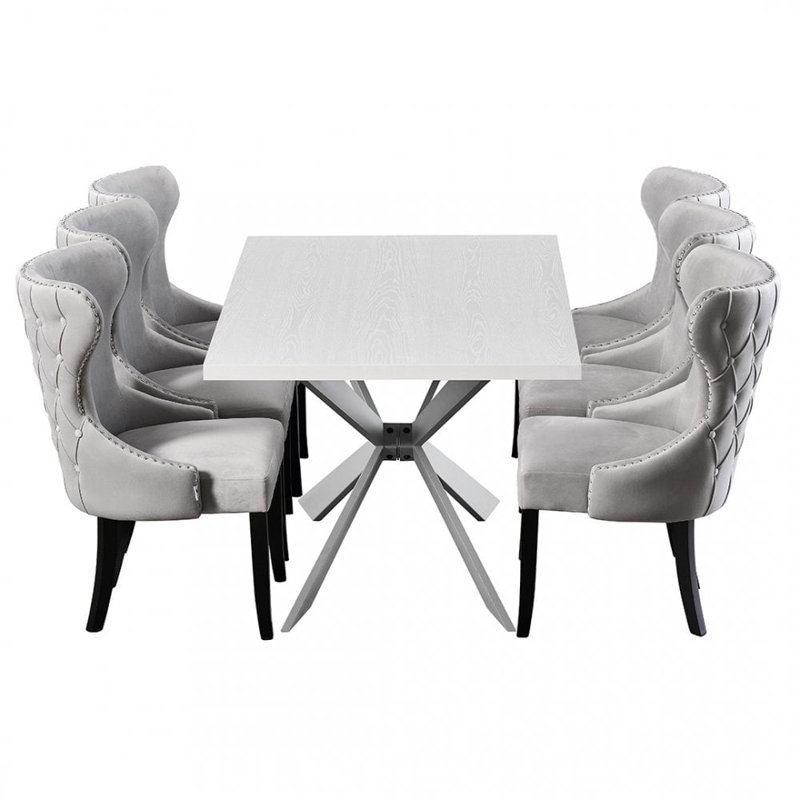 Devries 6 Person Dining set - a Rectangular Wooden Dining Table with Metal Legs and a Set of 6 Quilted Velvet Dining Chairs for Dining Room - Modern Dining Table Set
