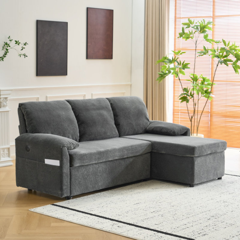 Upholstered L Shape Velvet Sleeper Sofa Sleeper Couch Pull Out Sofa Sofa Bed, Blue Gray