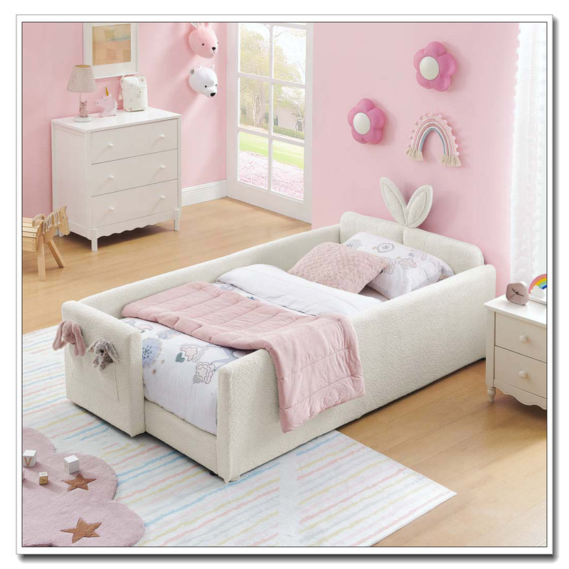 Lit plateforme tapissier simple avec tête de lit mignonne en forme d'oreille de lapin, Beige