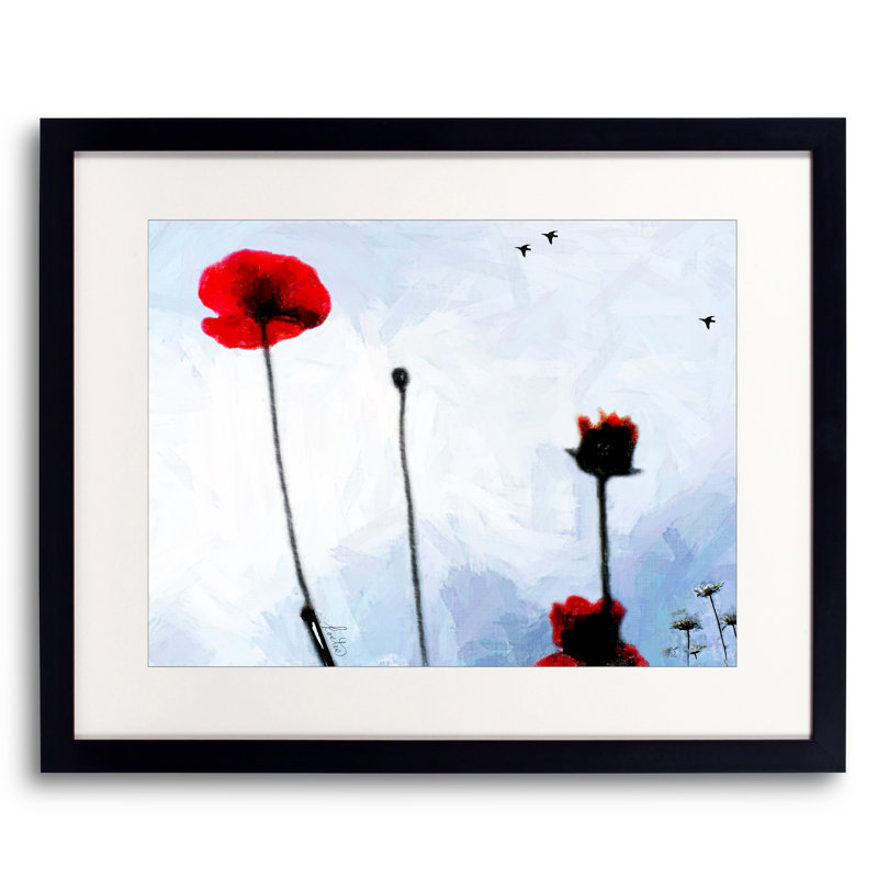 Coquelicots avec marguerites et corbeaux par Tom Kostes - Peinture, 16" H x 20" W, Papier avec cadre noir
