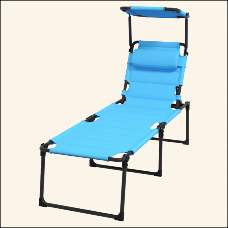 Outdoor Lounge Chair, Adjustable Backrest Folding Chaise Lounge, Cushioned Tanning Chair W/Sunshade Roof & Pillow Headrest For Beach, Camping, Hiking