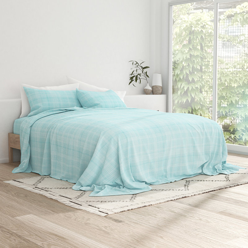 Sheet Set Solid Microfiber Ultra Soft Bedding, Aqua Geometric, Twin Sheet Set with 1 Pillowcase