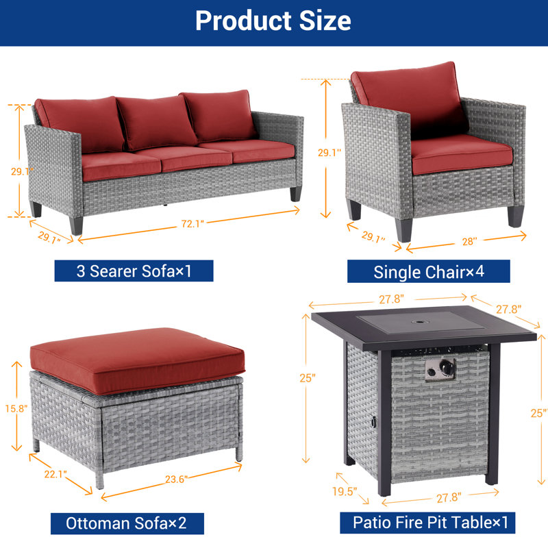 Ensemble de 8 canapés de patio avec table de foyer 28 po, osier en rotin PE pour terrasse, patio et cour, Rouge brique, Gris
