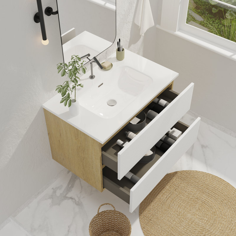 Meuble-lavabo simple 30 po avec comptoir pré-assemblé, Blanc neige / chêne naturel