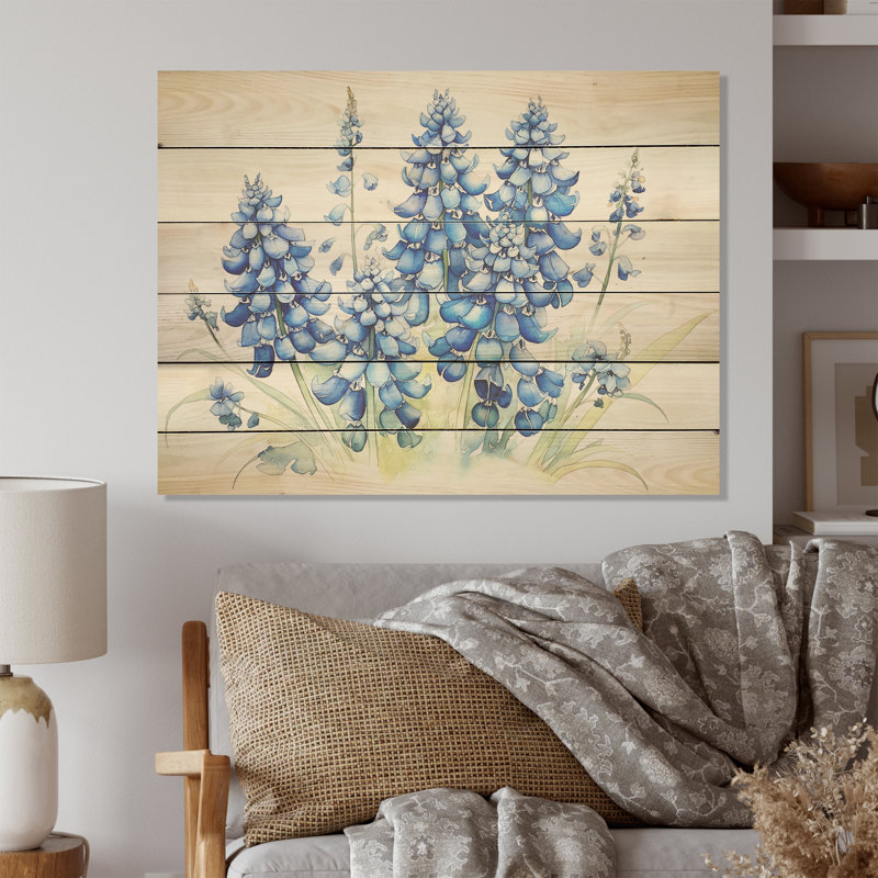 «Blue Bonnets Minimalisme Dream» - art mural en bois bleu sur bois de pin naturel, H 24 po x l 32 po