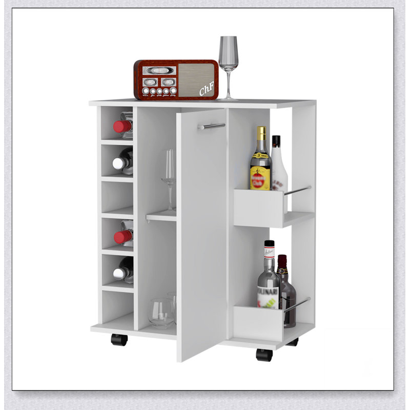 Chariot-bar Woodland avec roulettes, support à vin et tablette ouverte pour un rangement élégant et organisé