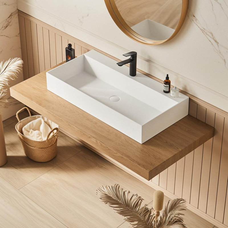 Lavabo vasque rectangulaire uni à surface solide avec trou pour robinet