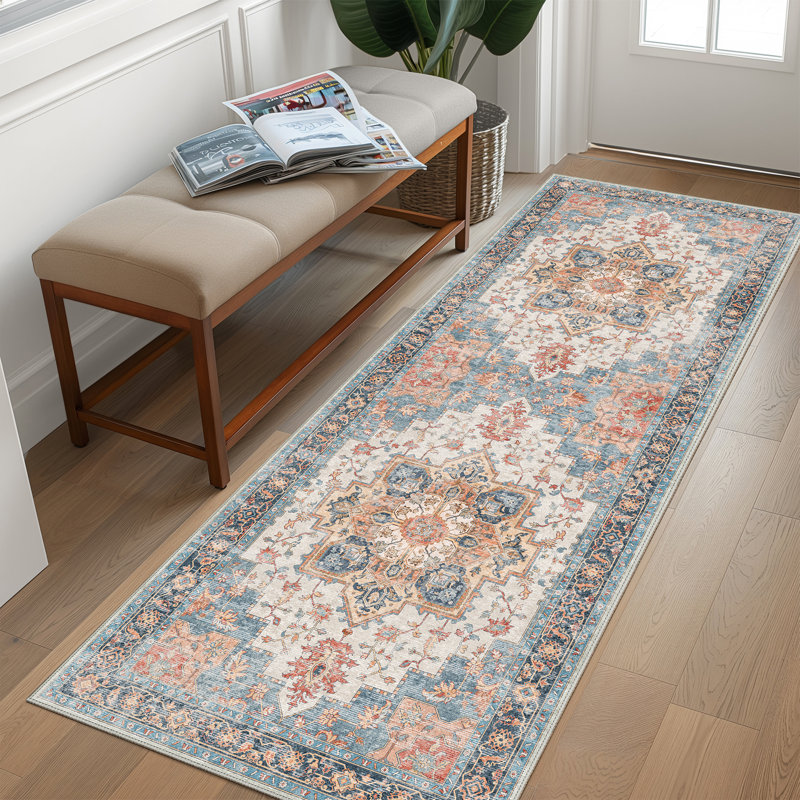Tapis oriental performance Roehit, Tapis de couloir de 2 pi x 7 pi, Bleu / rouge / beige / orange