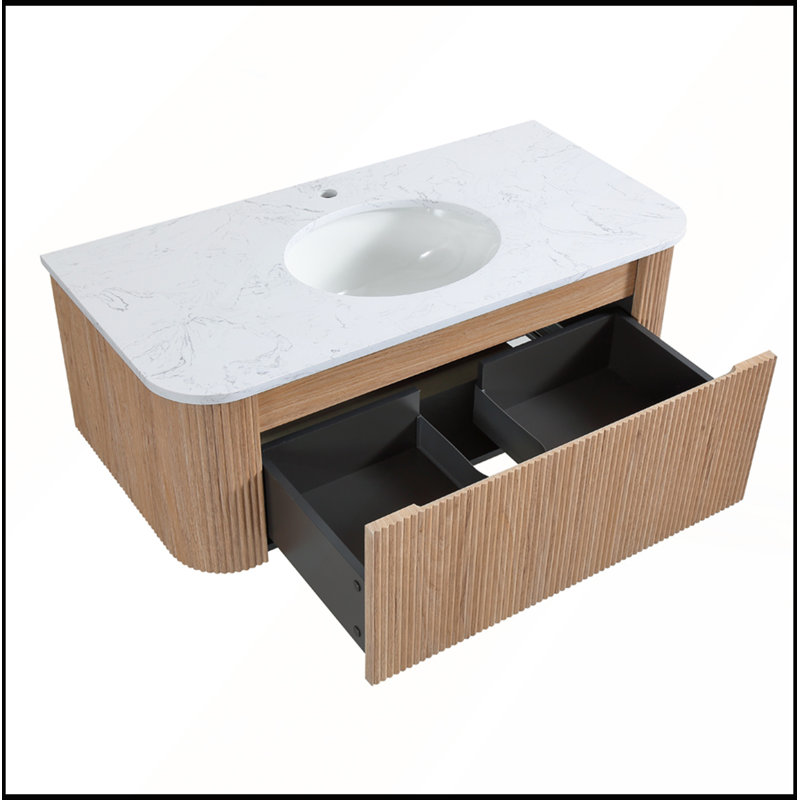 Meuble-lavabo mural 42 po avec comptoir en marbre artificiel Carrara, lavabo en céramique et tiroir spacieux pour une élégance moderne Arcora